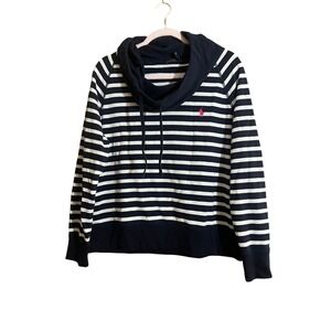 Polo Ralph Lauren Womens XL Striped Cowl Neck Sweatshirt Navy White Pony Logo